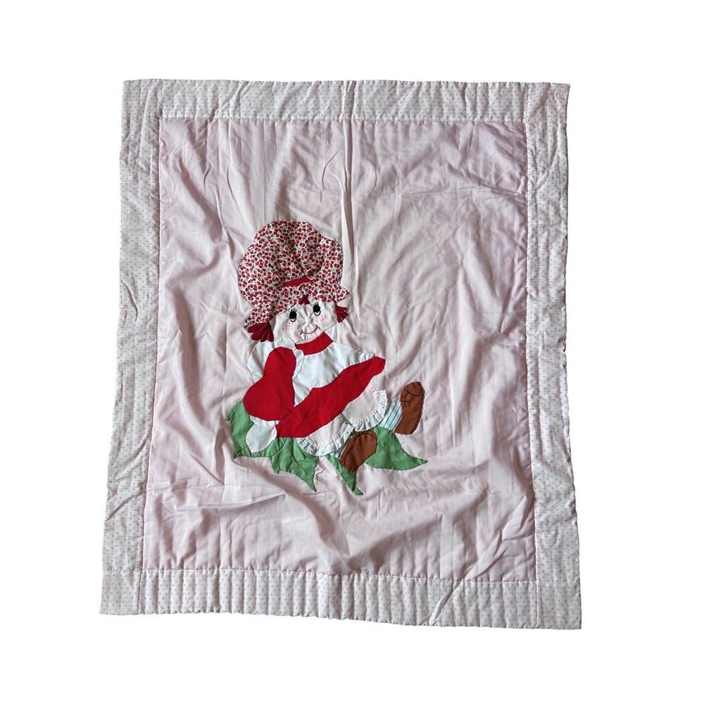 Vintage Strawberry Shortcake Style Baby Quilt Pink Polka Dot Blanket 39"x44"
